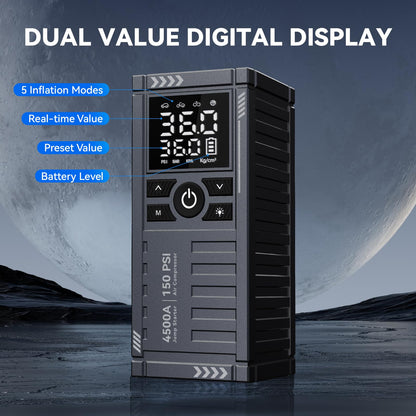 Car Battery Jump Starter with Air Compressor - 4500A 150PSI Portable Car Jump Starters (All Gas/9L Diesel) with Tire Inflator, 12V Car Battery Jump Box with Jumper Cables, LCD Display, LED Light