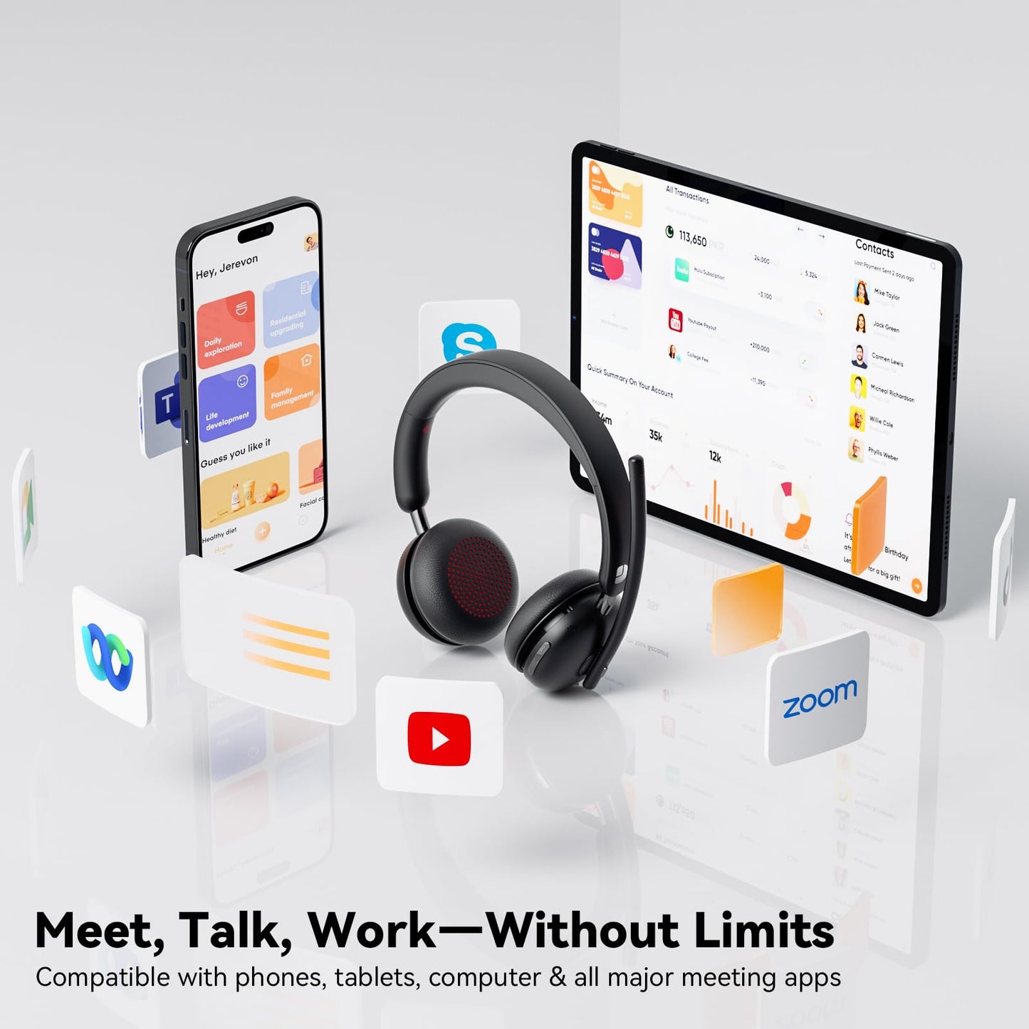 Dytole Wireless Headset with Mic for Work-Bluetooth 5.3 Headset with Noise Cancelling, Wireless Headsets with 65Hrs Battery & 10Min Fast Charge, Smart Dock with Digital Display for PC/Computer/Teams