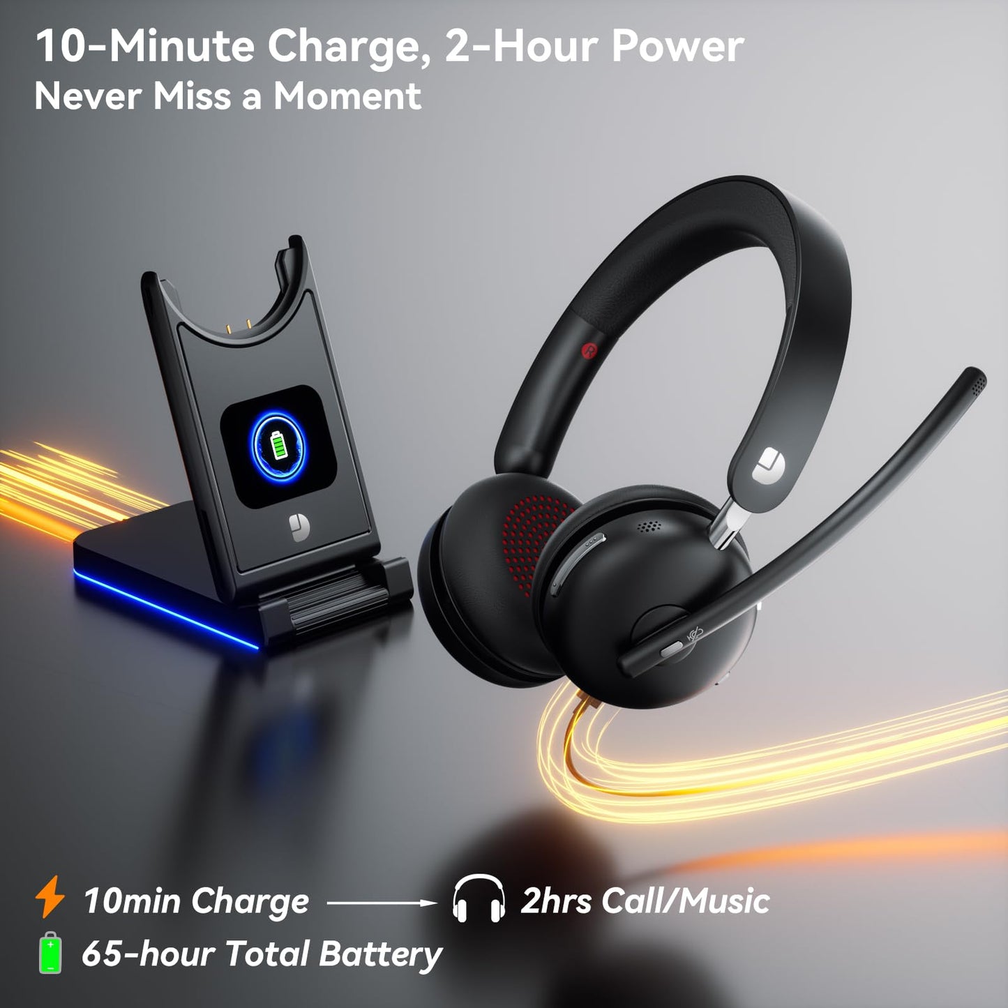 Dytole Wireless Headset with Mic for Work-Bluetooth 5.3 Headset with Noise Cancelling, Wireless Headsets with 65Hrs Battery & 10Min Fast Charge, Smart Dock with Digital Display for PC/Computer/Teams
