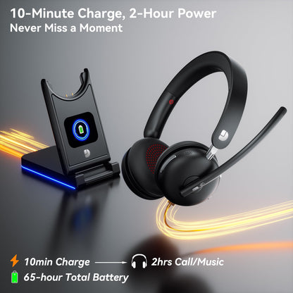 Dytole Wireless Headset with Mic for Work-Bluetooth 5.3 Headset with Noise Cancelling, Wireless Headsets with 65Hrs Battery & 10Min Fast Charge, Smart Dock with Digital Display for PC/Computer/Teams