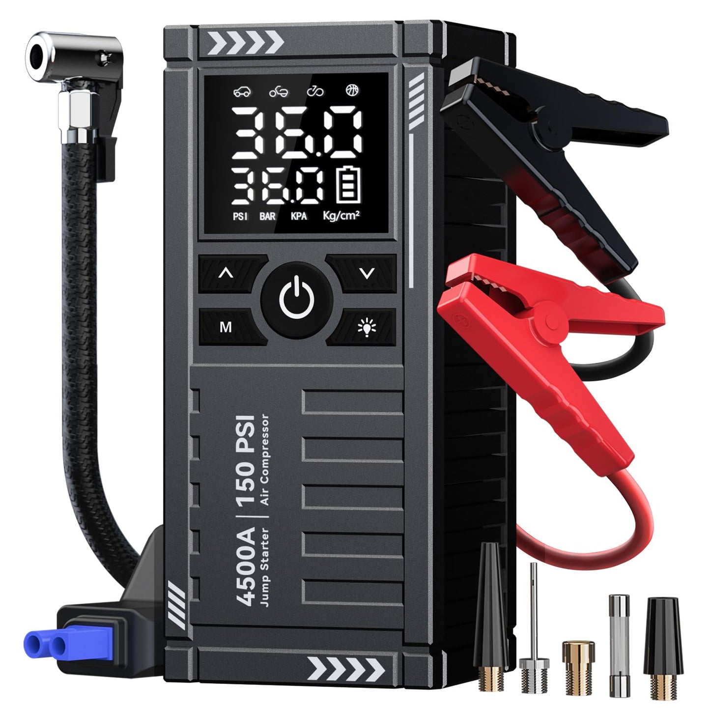 Car Battery Jump Starter with Air Compressor - 4500A 150PSI Portable Car Jump Starters (All Gas/9L Diesel) with Tire Inflator, 12V Car Battery Jump Box with Jumper Cables, LCD Display, LED Light