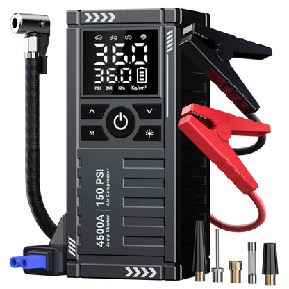 Car Battery Jump Starter with Air Compressor - 4500A 150PSI Portable Car Jump Starters (All Gas/9L Diesel) with Tire Inflator, 12V Car Battery Jump Box with Jumper Cables, LCD Display, LED Light