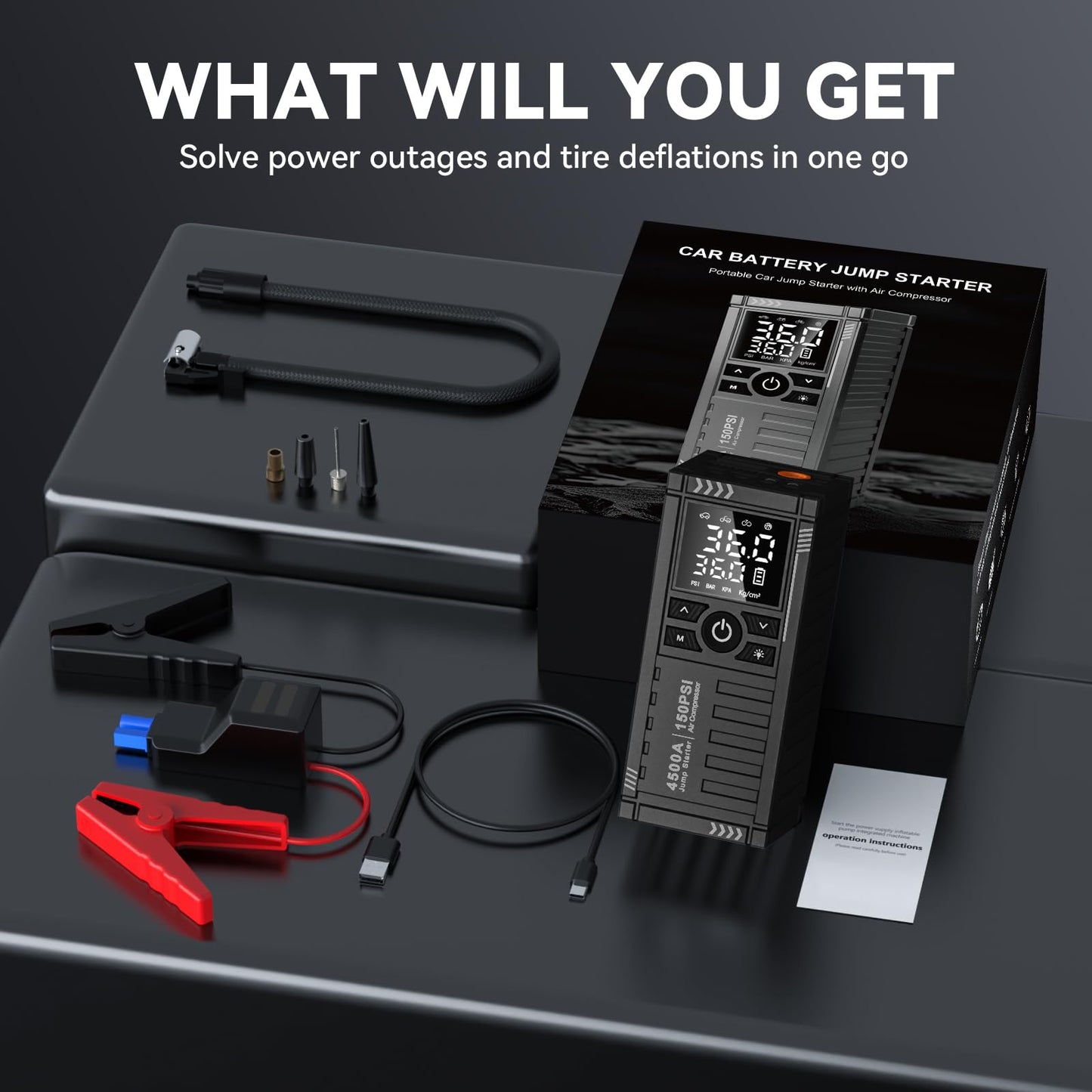 Car Battery Jump Starter with Air Compressor - 4500A 150PSI Portable Car Jump Starters (All Gas/9L Diesel) with Tire Inflator, 12V Car Battery Jump Box with Jumper Cables, LCD Display, LED Light