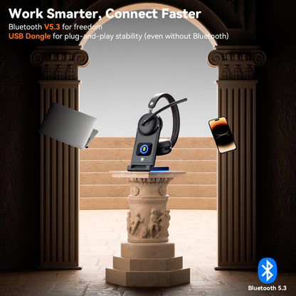 Dytole Wireless Headset with Mic for Work-Bluetooth 5.3 Headset with Noise Cancelling, Wireless Headsets with 65Hrs Battery & 10Min Fast Charge, Smart Dock with Digital Display for PC/Computer/Teams