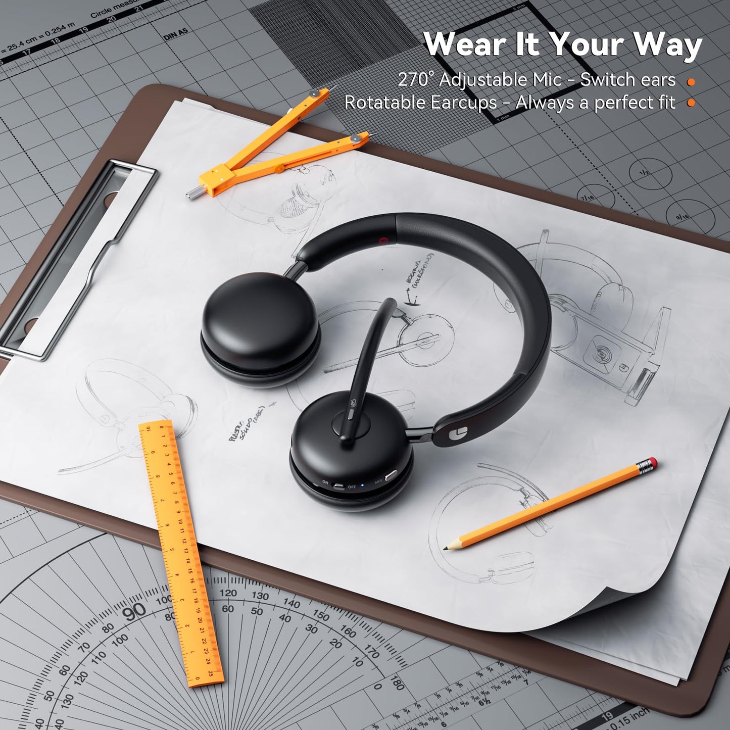 Dytole Wireless Headset with Mic for Work-Bluetooth 5.3 Headset with Noise Cancelling, Wireless Headsets with 65Hrs Battery & 10Min Fast Charge, Smart Dock with Digital Display for PC/Computer/Teams