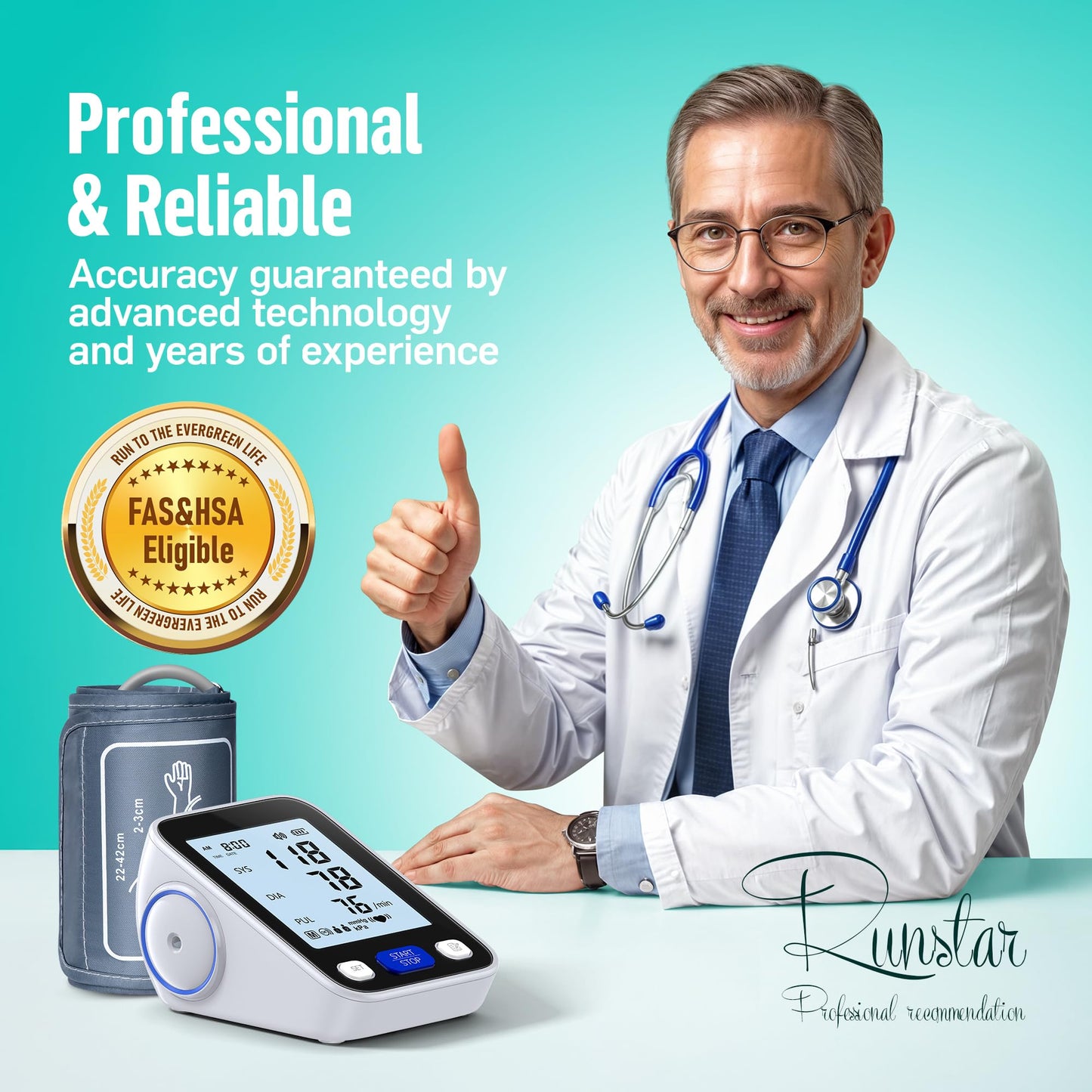 Runstar Upper Arm Blood Pressure Monitor with Wide Range Cuff (8.7'' -16.5'') for Home Use FSA/HSA Eligible, Automatic Digital BP Machine with Storage Bag, 2x99 Reading Memory